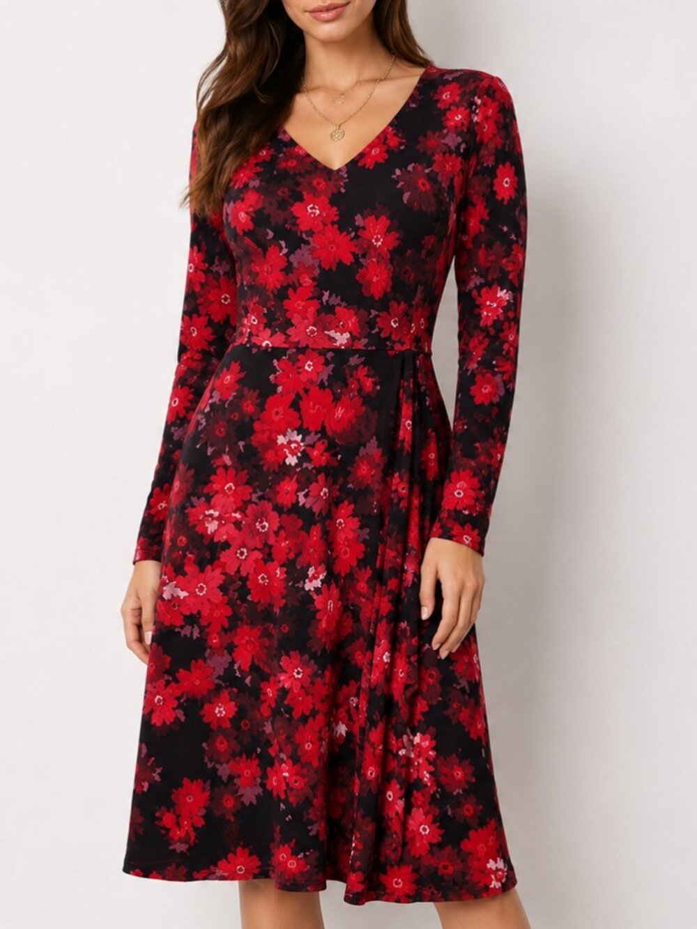 Tommy Hilfiger Women Dress Size 4 Red Floral A-Line V-Neck Knee Length